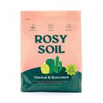 Rosy Soil packaging for cactus and succulent plants with a pink and green design.