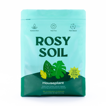 Rosy Soil packaging for houseplants on a white background